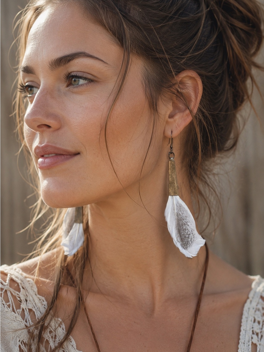 Boho Feather Dangle Earrings White Brown Gold Tone Lightweight